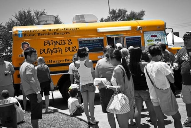 Guests lined up at Bernie's Burger Bus