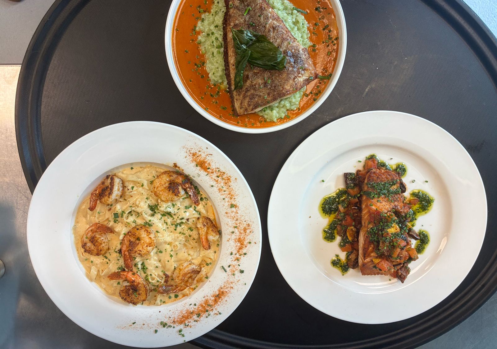 Fish, shrimp pasta, and salmon